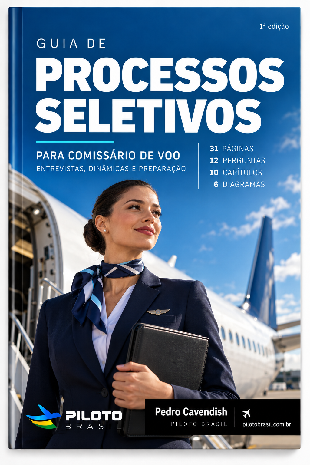 Capa de Guia de Processos Seletivos para Comissário de Voo — Guias de Carreira na Aviação — Processos Seletivos
