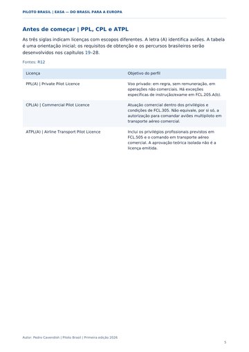 PPL, CPL e ATPL: entenda as licenças. Página 5 do Manual para o Exame EASA.