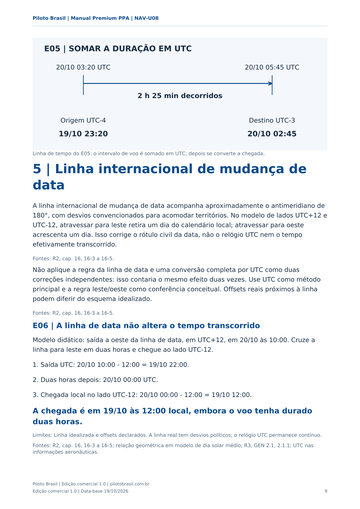 Exemplo resolvido com linha do tempo, horários UTC e locais, seguido de cálculo explicado.