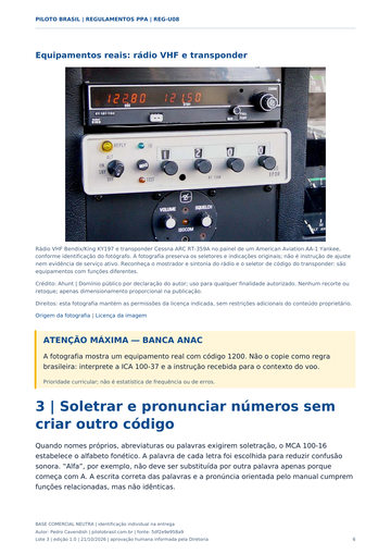 Rádio VHF e transponder em equipamento real. Página real de Regulamentos PPA.